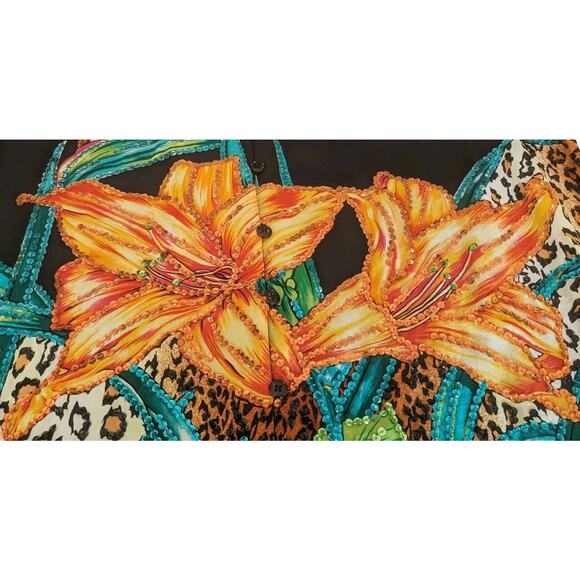 VTG Diane Gilman Silk Top L Sequin Tropical Flowers Cheetah Print 90s Maximalist - Picture 6 of 15